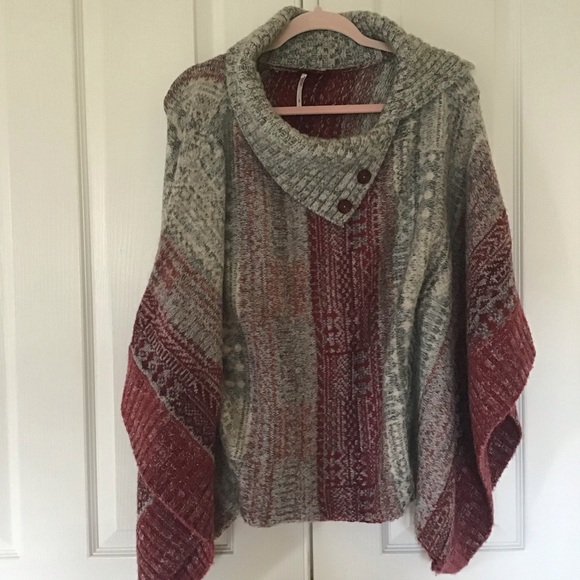 Free People Willow Red and Gray Patterned Poncho - Picture 3 of 7